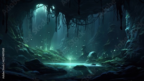 Twisted  shimmering vines that intertwine with the cave s rock formations  giving off a soft  enchanting glow game art