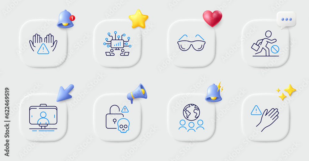 Eyeglasses, Global business and Cyber attack line icons. Buttons with 3d bell, chat speech, cursor. Pack of Selfie stick, Clean hands, Dont touch icon. Teamwork, Jobless pictogram. Vector
