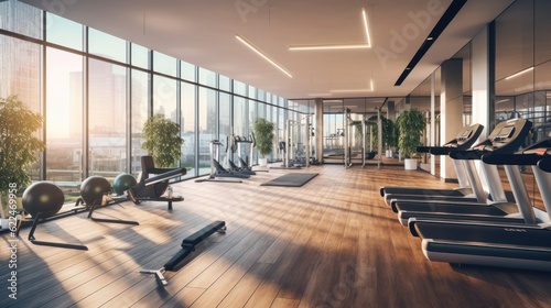 Fully equipped gym with floor to ceiling windows, offering panoramic views while working out. Incorporate modern exercise equipment, a yoga studio, and a refreshing juice bar
