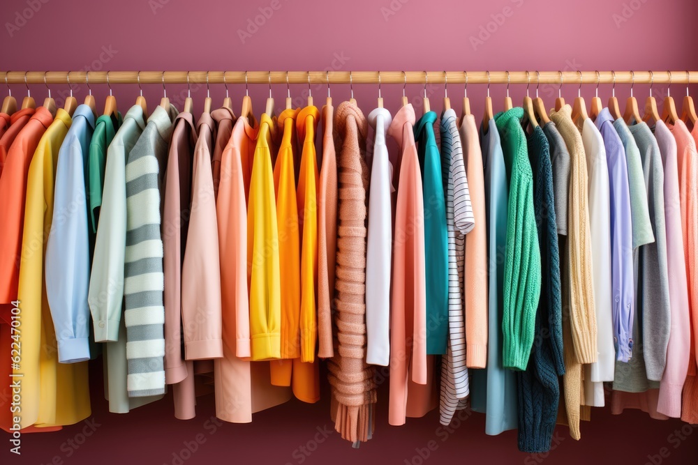 Fashionable colorful clothes on a hanger. ai generative