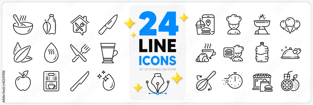 Icons set of Cook, Food and Table knife line icons pack for app with Latte, Coffee maker, Chef thin outline icon. Water drop, Sunflower seed, Food app pictogram. Croissant, Hot water. Vector