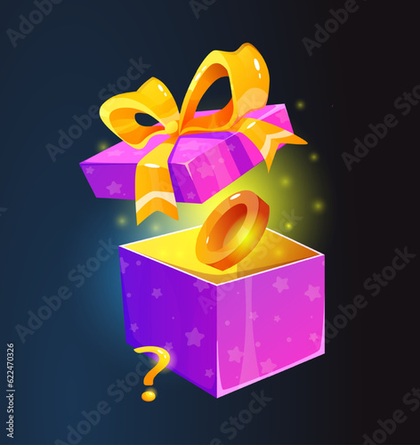 Gift box with surprise. Isometric realistic purple pack with gold bow and ring inside. Glowing shiny volumetric present with question sign for game UI design. 3d vector isolated on dark background