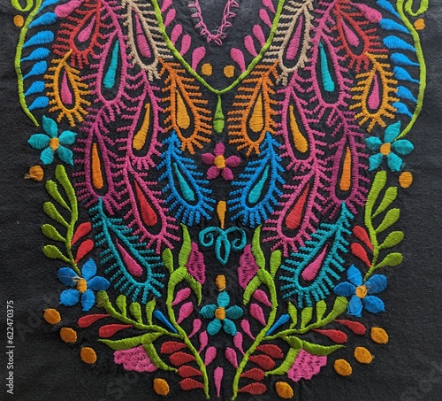 Vertical mexican colorful embroidery on black background fabric