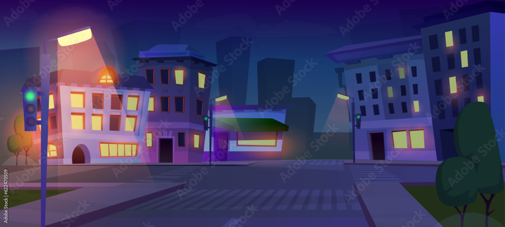 Obraz premium Night city landscape. Panorama with city calm life, houses and buildings, sidewalks and pedestrian crossing. View of modern architecture with road at nighttime. Cartoon flat vector illustration