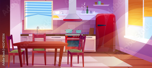 Retro kitchen with furniture. Empty cooking room with vintage fridge and oven, table and chairs, utensils and range hoods. Banner with empty apartment in sunlight. Cartoon flat vector illustration