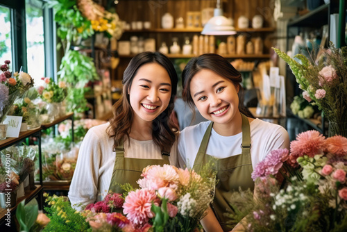 Happy Flower shop staff smiling and posing in flower shop. Generative Ai