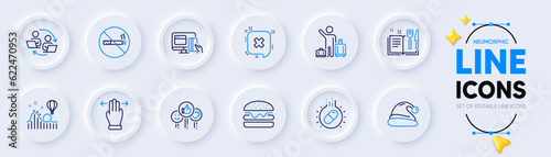Burger, No smoking and Santa hat line icons for web app. Pack of Reject, Online payment, Recipe book pictogram icons. Airport transfer, Roller coaster, Teamwork process signs. Like. Vector