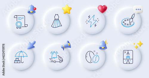 Delivery service, Power and Dress line icons. Buttons with 3d bell, chat speech, cursor. Pack of Delivery notification, Crane claw machine, Palette icon. Certificate, Coffee beans pictogram. Vector