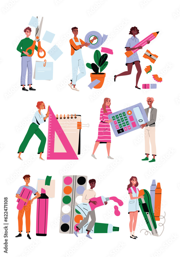 People with huge stationery set. Smiling office characters holding giant rulers and pens, paint and markers, calculator and scissors. Office tool and school supplies. Cartoon flat vector illustrations