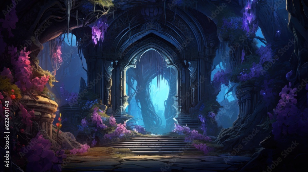 Illustrate a series of intricate archways adorned with colorful flowers and foliage, leading deeper into the beauty cave game art