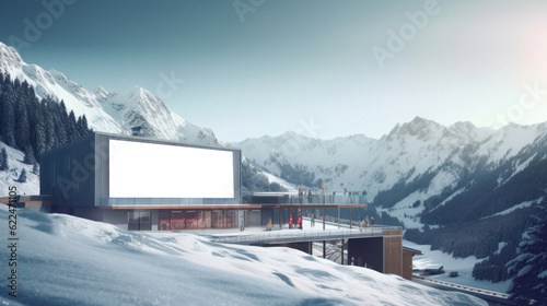 Blank billboard in a ski resort with snowy mountains in the background. Generative AI. 
