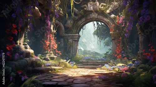 Illustrate a series of intricate archways adorned with colorful flowers and foliage, leading deeper into the beauty cave game art