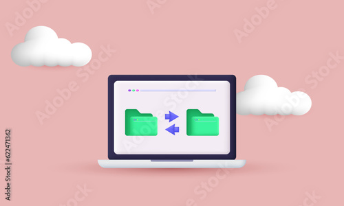 3d style laptop two folder document file transfer on icon trendy style symbols isolated on background.3d design cartoon style.