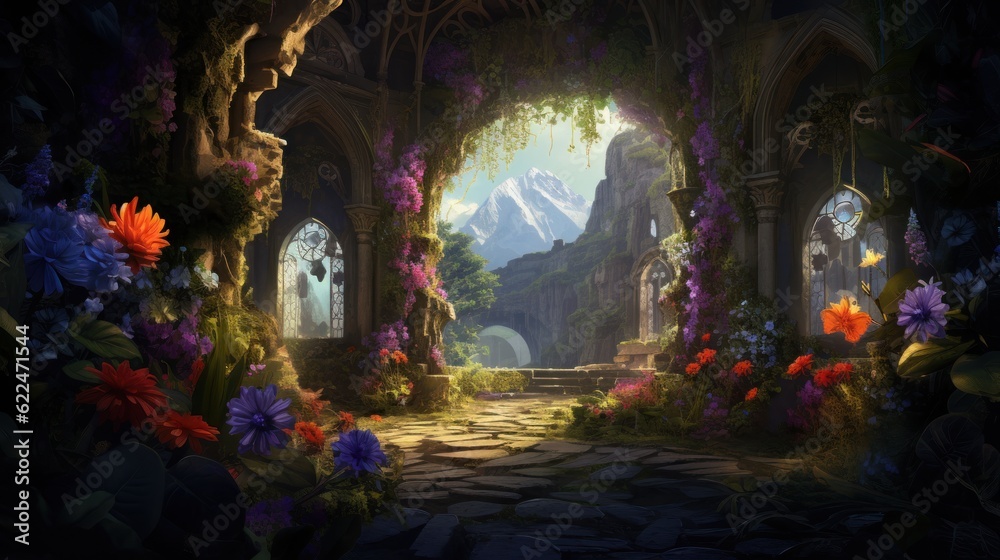 Illustrate a series of intricate archways adorned with colorful flowers and foliage, leading deeper into the beauty cave game art