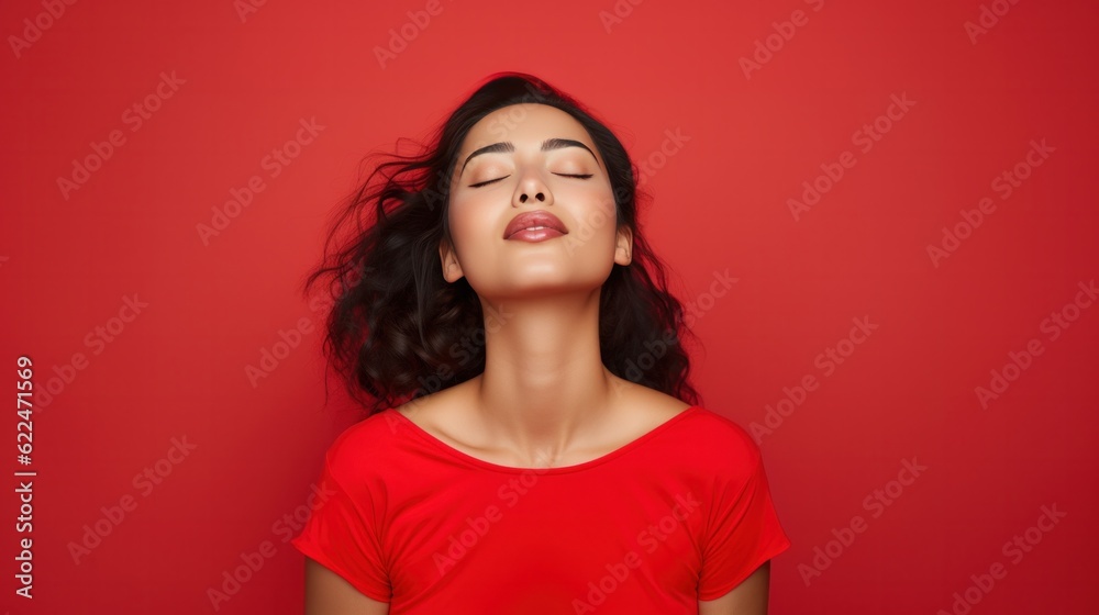 Pretty young Asian woman closes eyes licks lips from temptation to taste something delicious shows tongue imagines eating delicious food wears shirt isolated over vivid red background. Pretty young Asian woman closes eyes licks lips from temptation to taste something delicious shows tongue imagines eating delicious food wears shirt isolated over vivid red background.