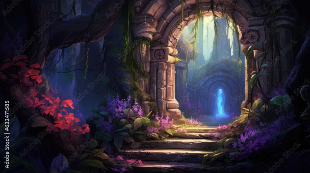 Illustrate a series of intricate archways adorned with colorful flowers and foliage, leading deeper into the beauty cave game art