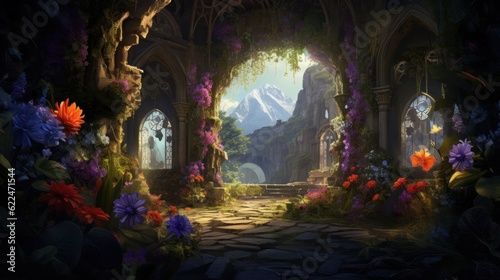 Illustrate a series of intricate archways adorned with colorful flowers and foliage  leading deeper into the beauty cave game art