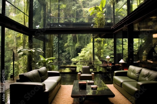 a spacious house with glass walls and many plants inside and immersed in greenery outside. an oasis of beauty and tranquility. generative Ai, photo