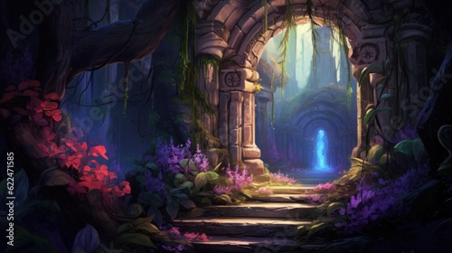 Illustrate a series of intricate archways adorned with colorful flowers and foliage, leading deeper into the beauty cave game art © Damian Sobczyk