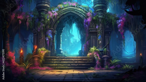 Illustrate a series of intricate archways adorned with colorful flowers and foliage  leading deeper into the beauty cave game art