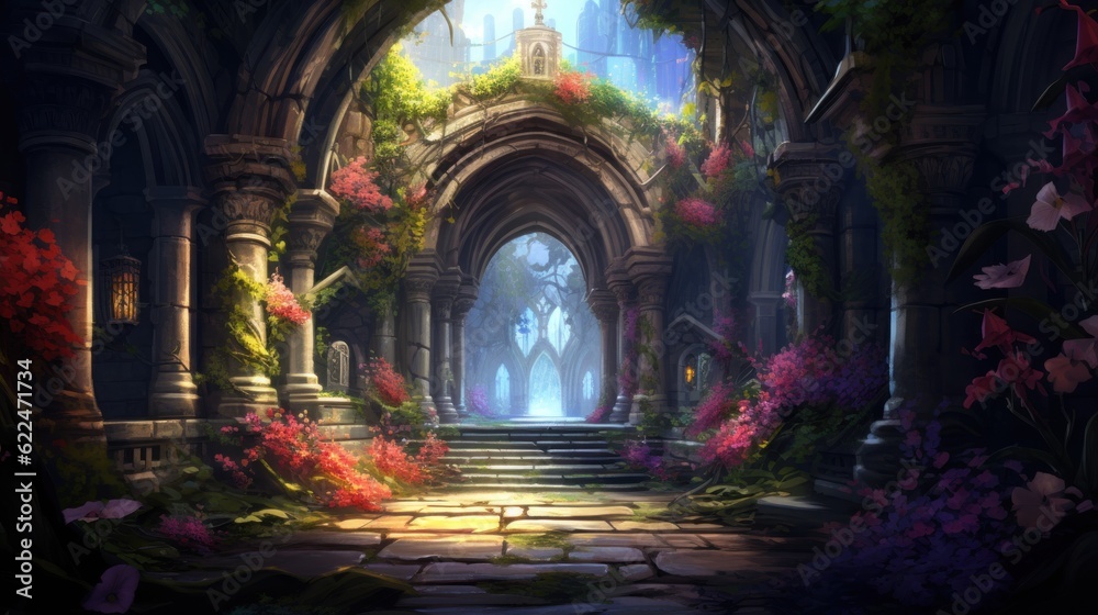 Illustrate a series of intricate archways adorned with colorful flowers and foliage, leading deeper into the beauty cave game art