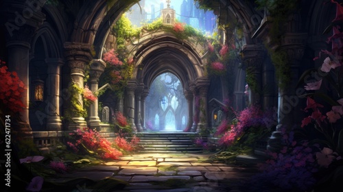 Illustrate a series of intricate archways adorned with colorful flowers and foliage  leading deeper into the beauty cave game art