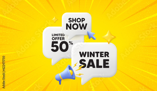 Winter Sale tag. 3d offer chat speech bubbles. Special offer price sign. Advertising Discounts symbol. Winter sale speech bubble 3d message. Talk box megaphone banner. Vector