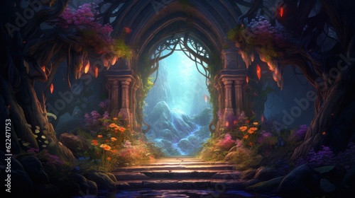 Illustrate a series of intricate archways adorned with colorful flowers and foliage, leading deeper into the beauty cave game art © Damian Sobczyk