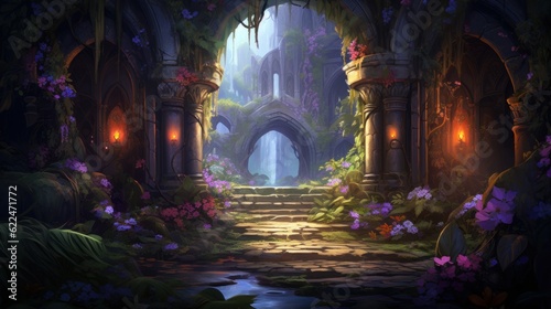 Illustrate a series of intricate archways adorned with colorful flowers and foliage  leading deeper into the beauty cave game art