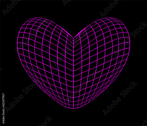 Neon pink wireframe heart shape on black background. Futuristic cyberpunk grid figure. Y2K retro style. Vector design elements. Love or cardiology concept