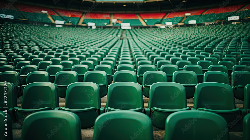empty green seats in a big sport stadium. Generative AI