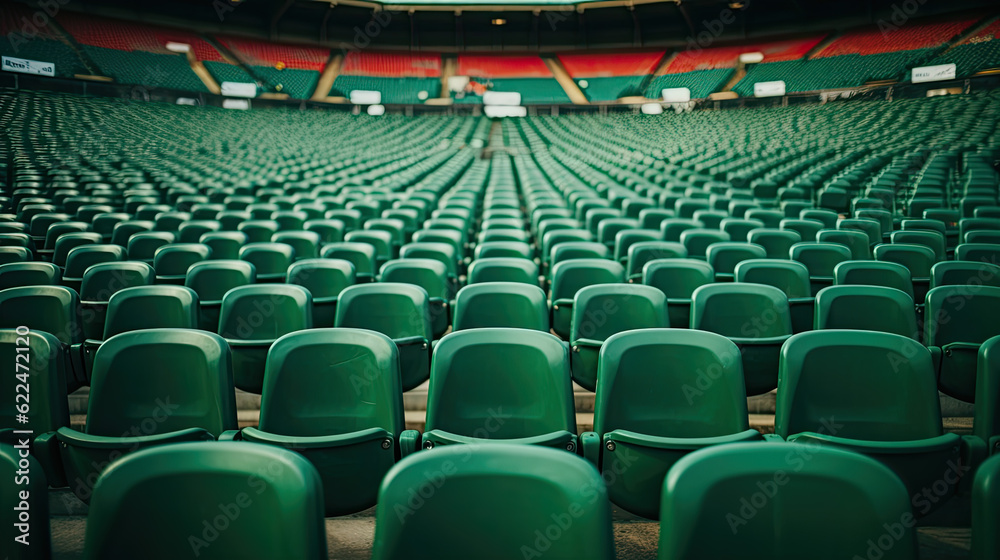 Naklejka premium empty green seats in a big sport stadium. Generative AI