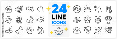 Icons set of Feather, Elephant on ball and Fish line icons pack for app with Dog paw, Pets care, Water bowl thin outline icon. Dog certificate, Pet friendly, Stop fishing pictogram. Vector
