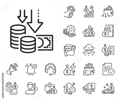 Price reduction sign. Cash money, loan and mortgage outline icons. Deflation line icon. Reduce rate symbol. Deflation line sign. Credit card, crypto wallet icon. Inflation, job salary. Vector
