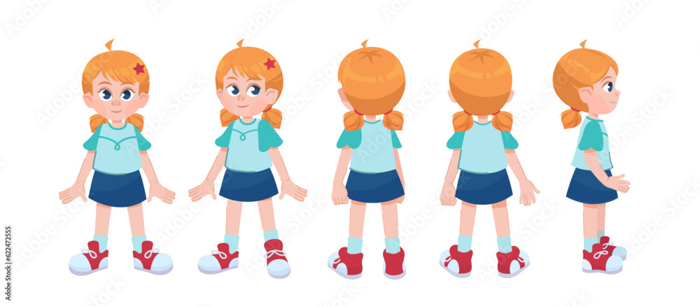 Character constructor set. Child with red ponytails and in blue skirt with kit of different body poses. Young cute girl to create animation. Cartoon flat vector collection isolated on white background Character constructor set. Child with red ponytails and in blue skirt with kit of different body poses. Young cute girl to create animation. Cartoon flat vector collection isolated on white background