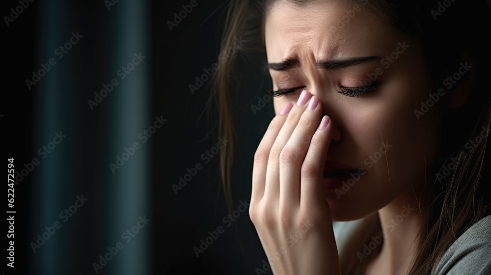 Sad depressed desperate grieving crying woman with folded hands and tears eyes during trouble, life difficulties, depression and mental emotional problems - obrazy, fototapety, plakaty 