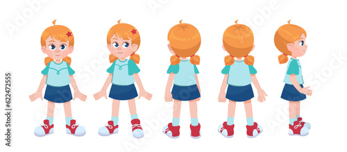 Character constructor set. Child with red ponytails and in blue skirt with kit of different body poses. Young cute girl to create animation. Cartoon flat vector collection isolated on white background
