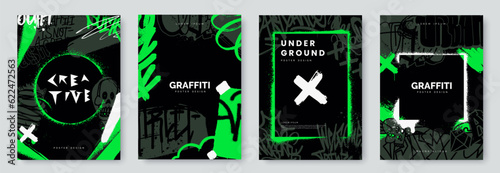 Abstract graffiti poster with tags, paint texture, scribbles and throw up pieces. Acid green color. Street art background set. Artistic cover design in urban graffiti style. Vector illustration © alexandertrou