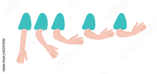 Character constructor set. Hand pose for creating kid animations. Part of body of child with different positions of arm and fingers, elbow and palm. Cartoon flat vector isolated on white background