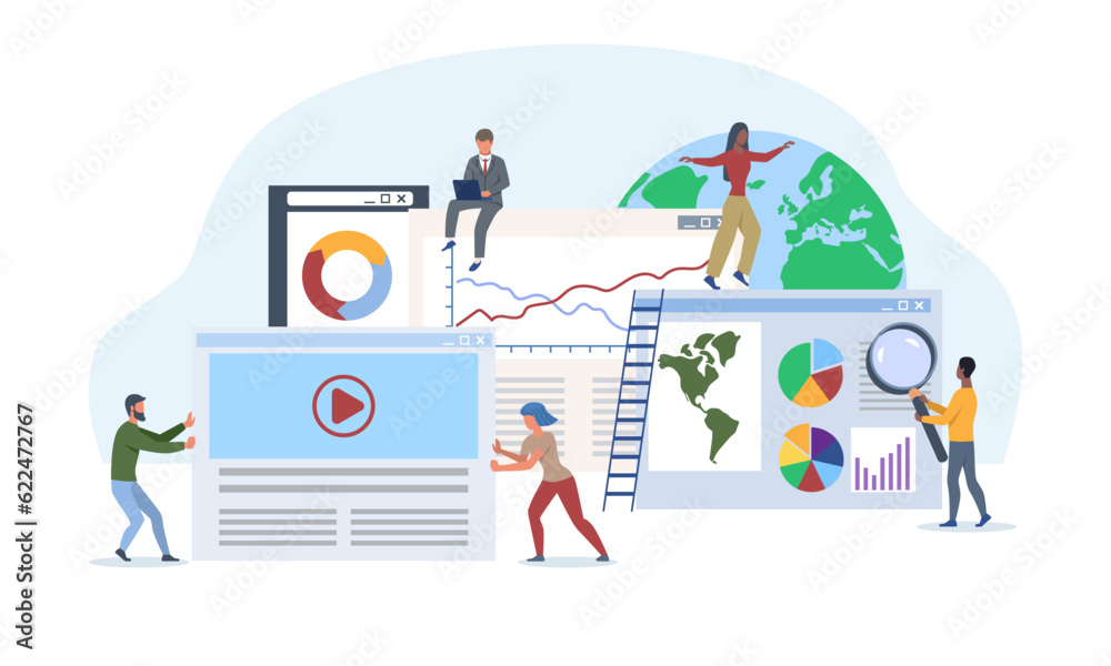 People create website. Site design and online social media web pages. Data analysis, SEO and programming. SMM development with graphs and diagrams. Cartoon flat vector isolated on white background