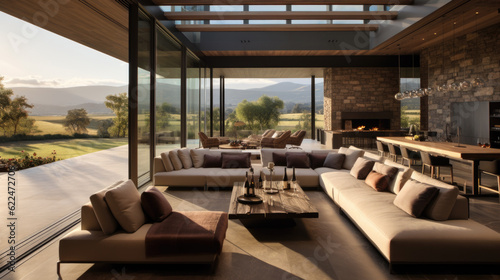 modern luxury living room with a couch in front of a large window overlooking beautiful nature. Generative AI © jr-art