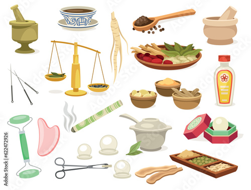 Herbs and materials for oriental Chinese medicine set. Ginseng roots for herbal treatment and gua sha massage, acupuncture and incense. Cartoon flat vector collection isolated on white background