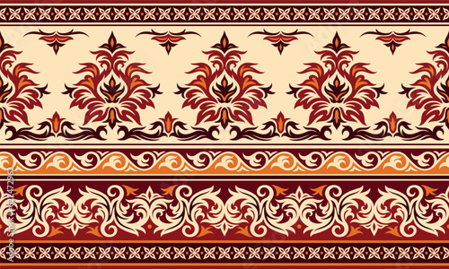 Seamless oriental ornament. Abstract carpet with vintage arabic or Turkey culture pattern. Traditional design of textiles and factories. Decorative red antique rag. Cartoon flat vector illustration
