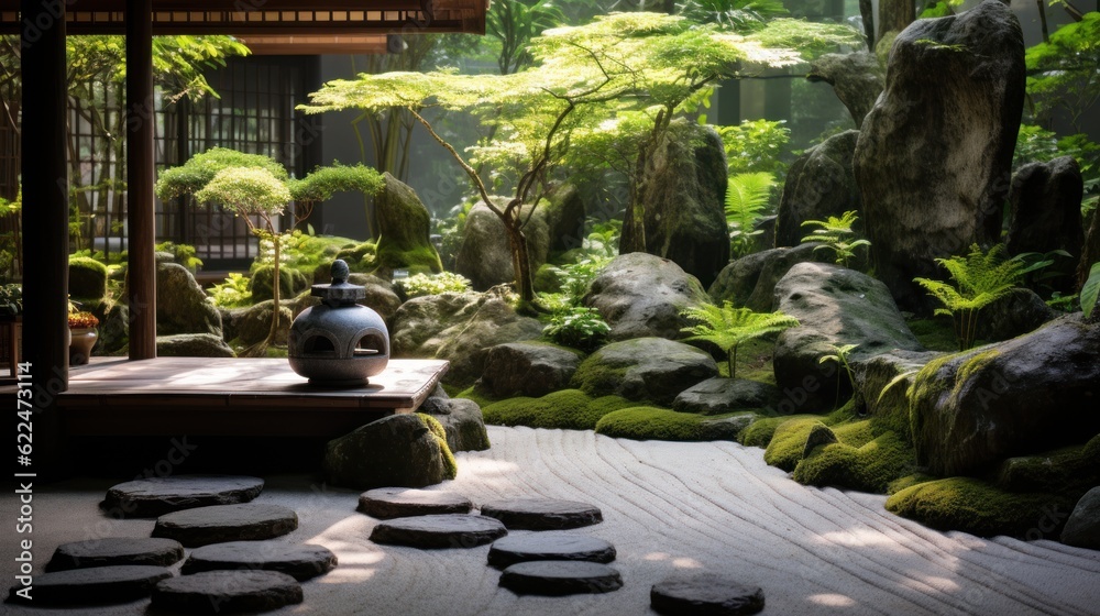 Zen garden with carefully manicured rocks, a meditative pathway, and lush greenery. This serene space provides a peaceful retreat for reflection and relaxation - obrazy, fototapety, plakaty 