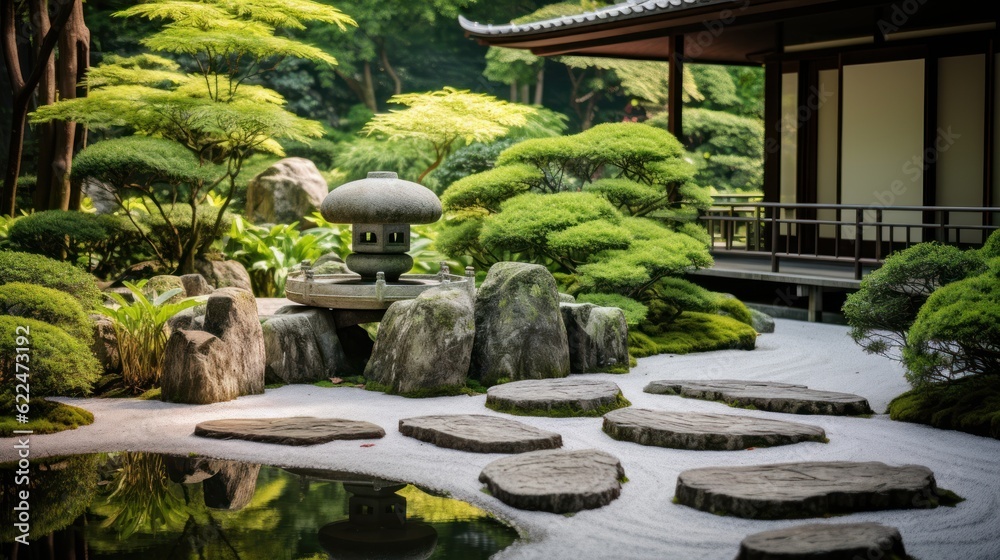 Zen garden with carefully manicured rocks, a meditative pathway, and lush greenery. This serene space provides a peaceful retreat for reflection and relaxation