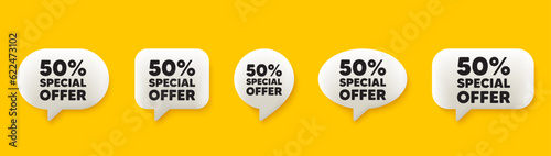 50 percent discount offer tag. 3d chat speech bubbles set. Sale price promo sign. Special offer symbol. Discount talk speech message. Talk box infographics. Vector