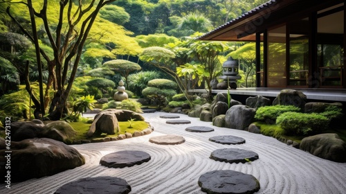 Fotografiet Zen garden with carefully manicured rocks, a meditative pathway, and lush greenery