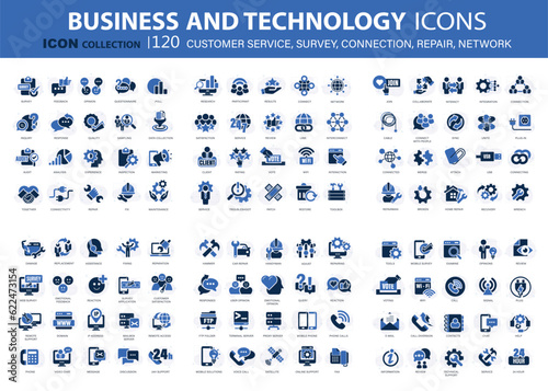 120 business and technology icon set for customer service, survey, connection, repair, network. Flat vector illustration