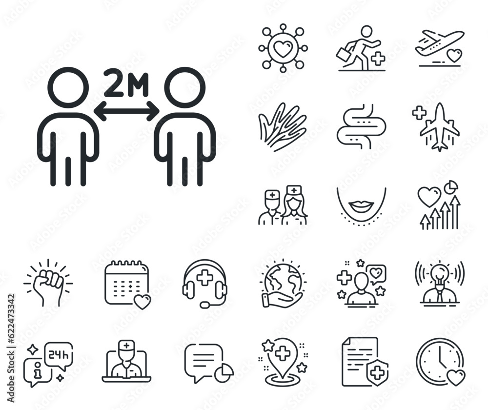 2 meters distance between sign. Online doctor, patient and medicine outline icons. Social distancing line icon. Coronavirus pandemic symbol. Social distancing line sign. Vector