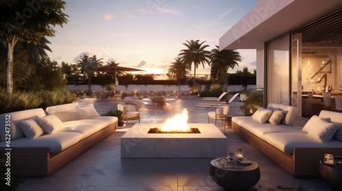 Stylish outdoor lounge area with comfortable seating, a fire pit, and a built - in bar, providing an inviting space for socializing and enjoying the Mediterranean evenings © Damian Sobczyk